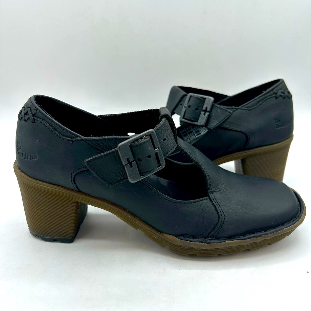 Dr. Martens Black Leather Mary Jane Heels with Brown Sole